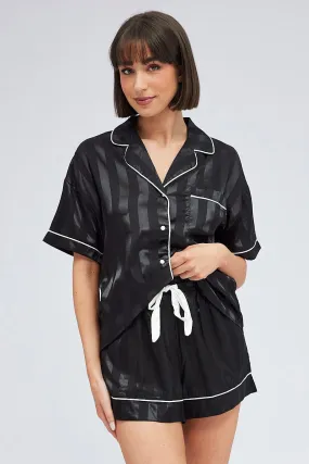 Black Stripe Pyjama Set Jacquard Stripe Satin Piping PJ