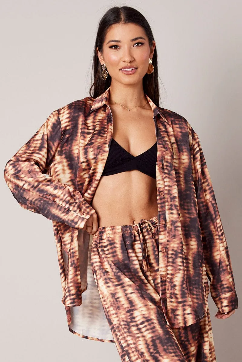 Brown Abstract Relaxed Shirt Long Sleeve Satin