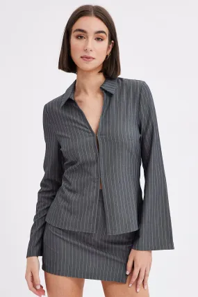 Grey Stripe Shirt Long Sleeve Collared Hook & Eye