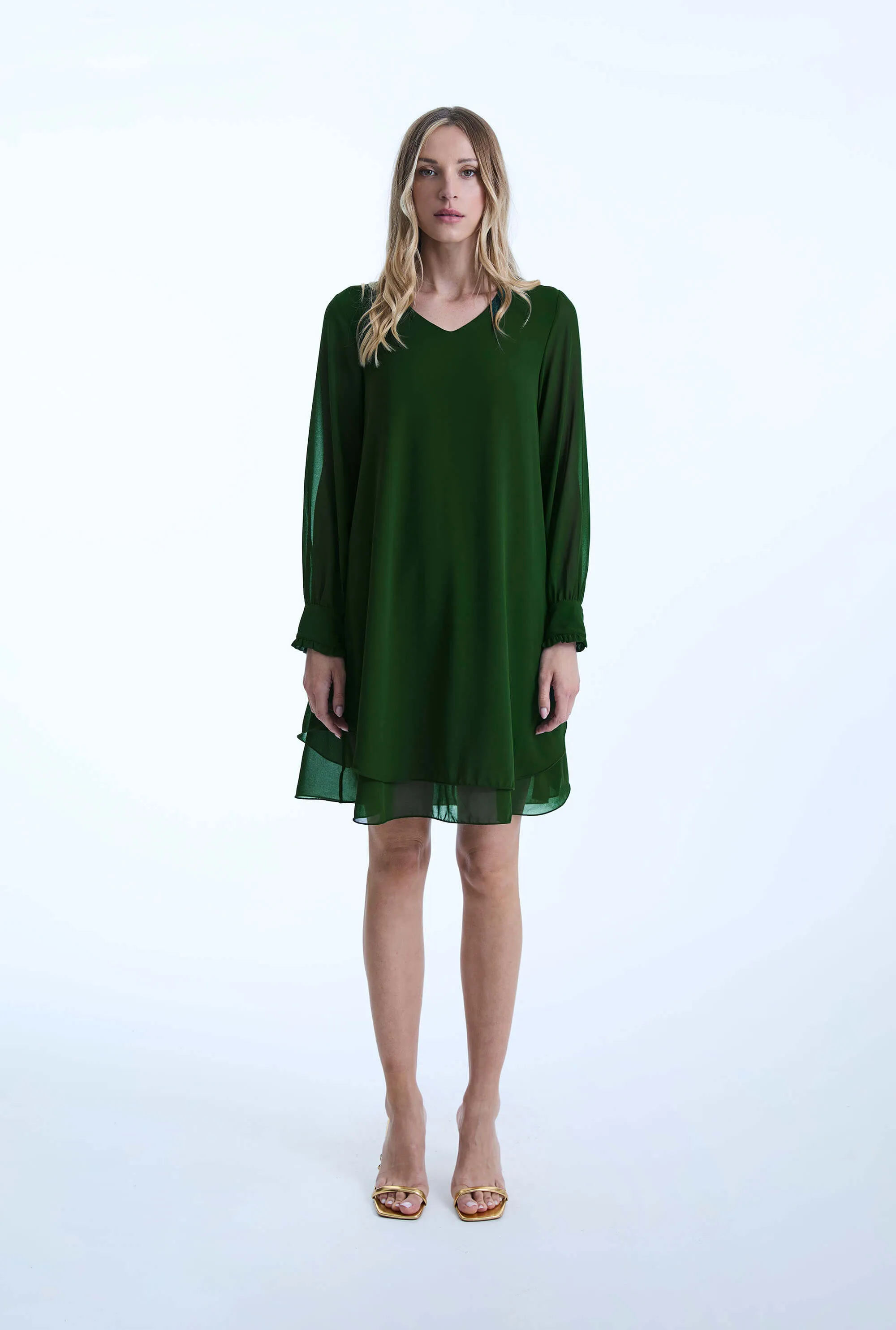 Long Sleeve Green Wave Hem Dress