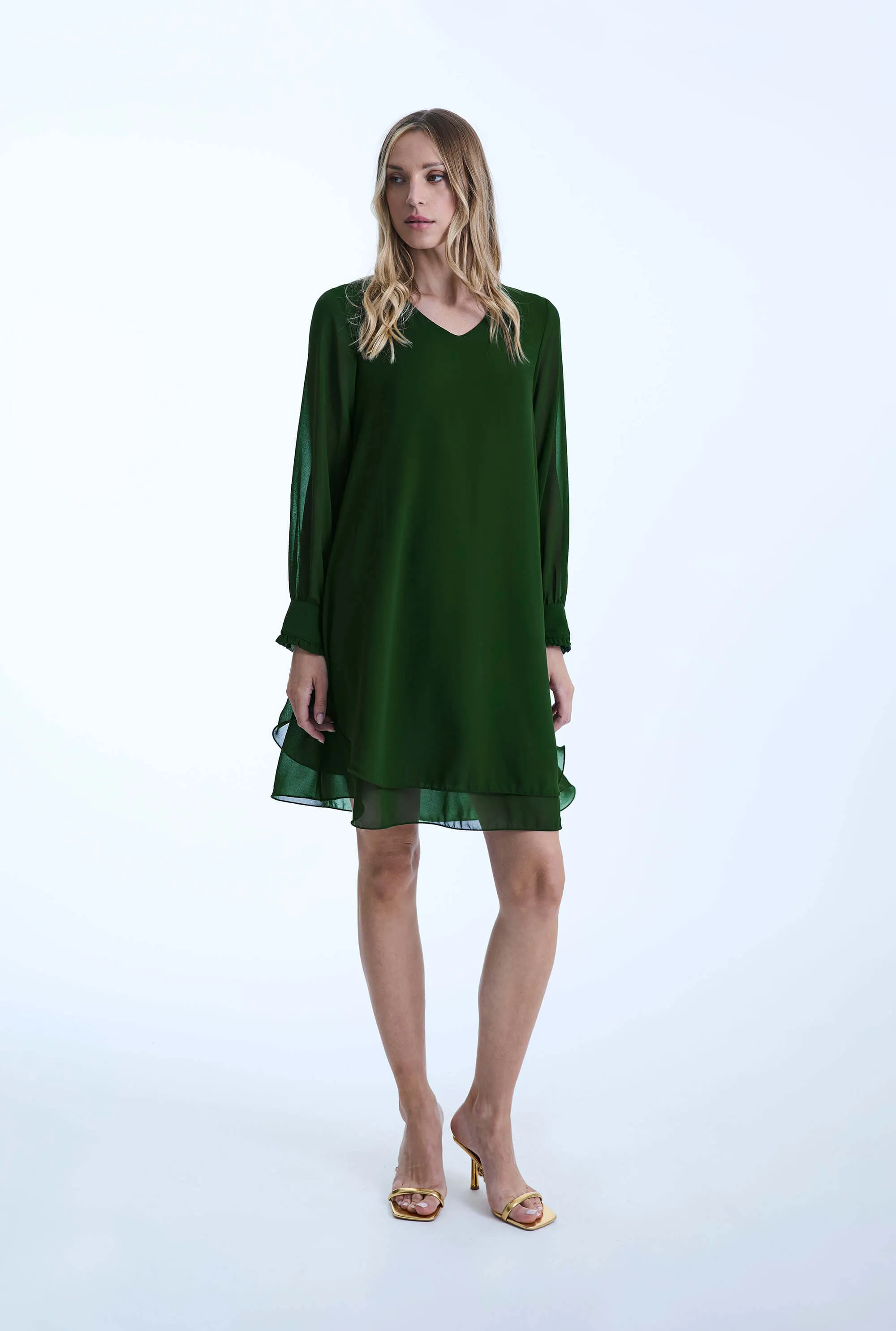 Long Sleeve Green Wave Hem Dress