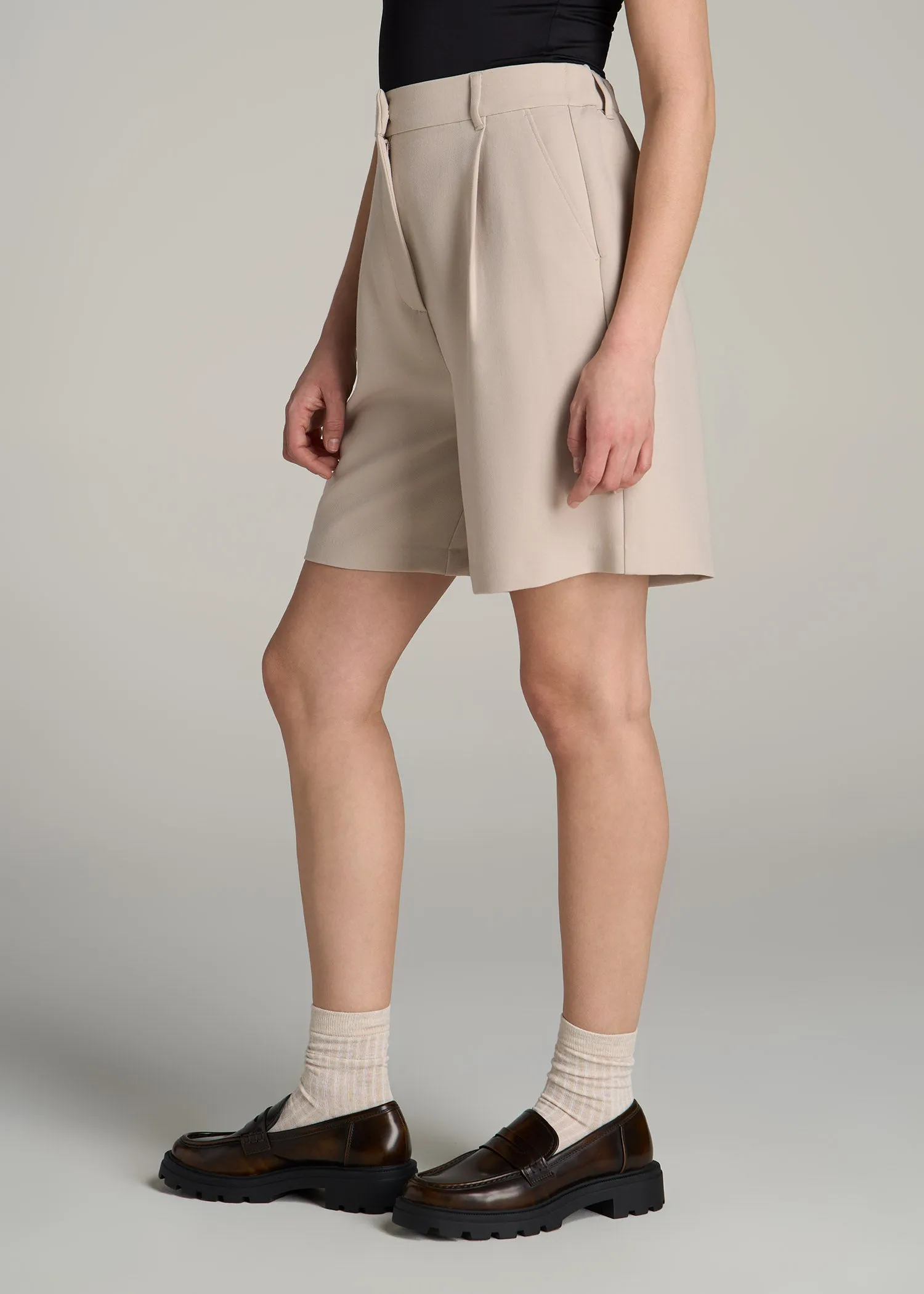 Pleated Tailored Shorts for Tall Women in Light Taupe